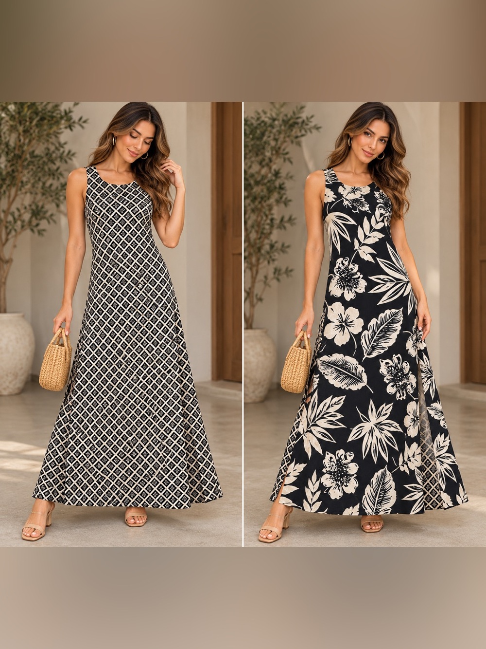 Reversible 2 in 1 Maxi Dress Black Ivory Tropical Geometric Side Slit